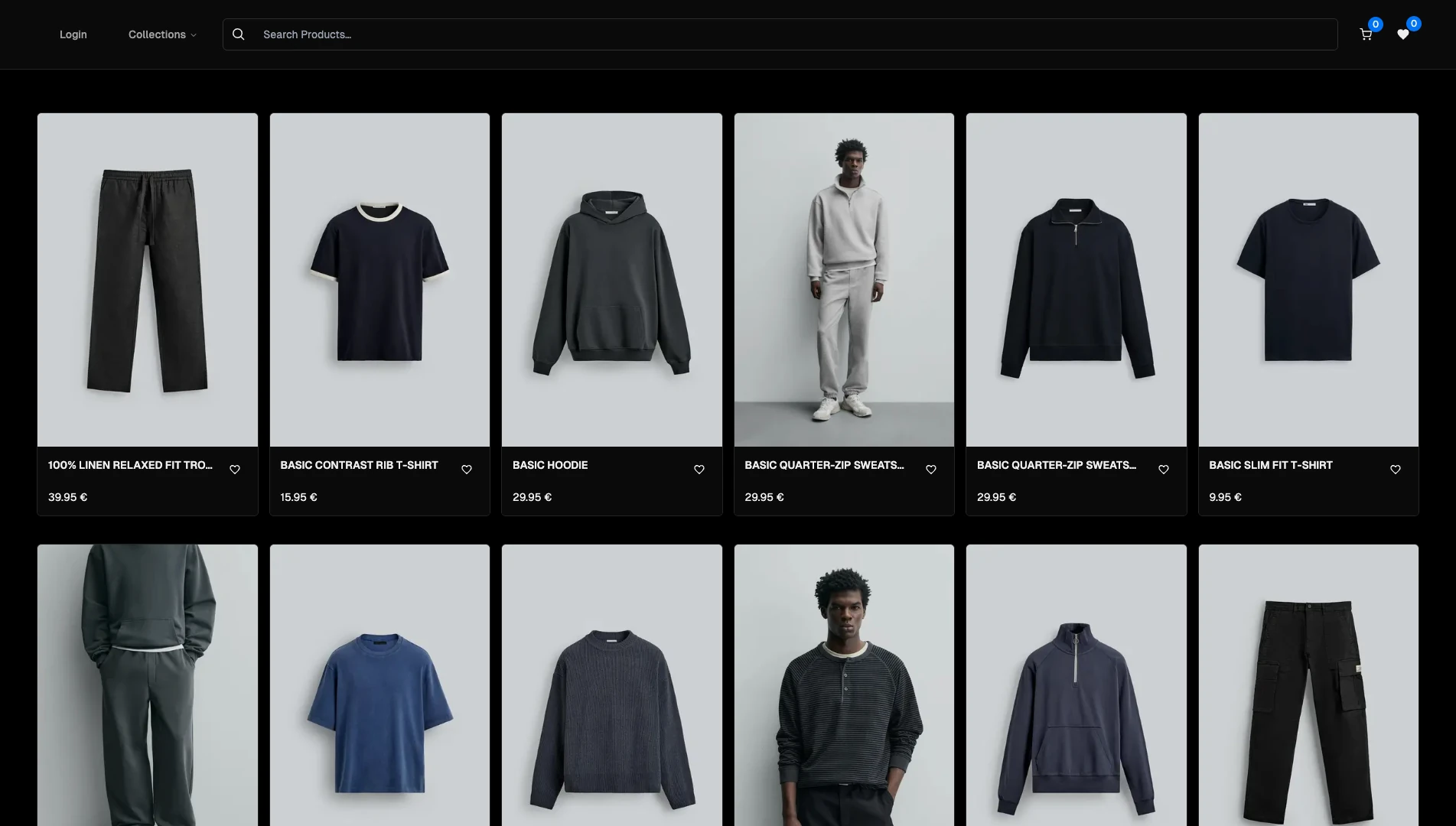 Ecommerce Template storefront: dark header with search and a grid of clothing products